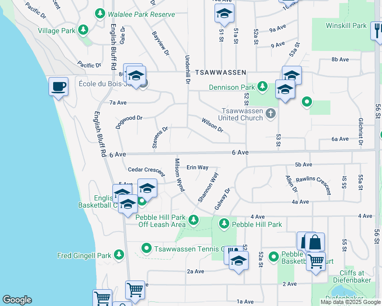 map of restaurants, bars, coffee shops, grocery stores, and more near 5029 6 Avenue in Delta