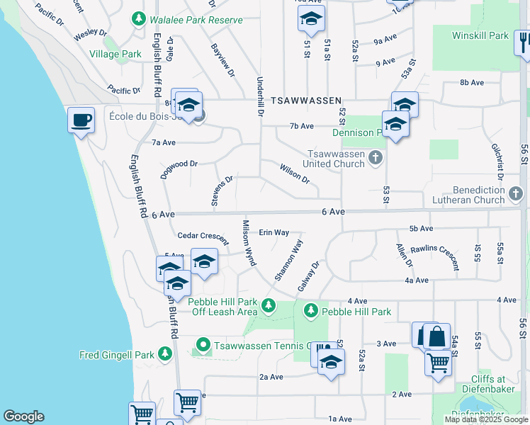 map of restaurants, bars, coffee shops, grocery stores, and more near 5029 6 Avenue in Delta