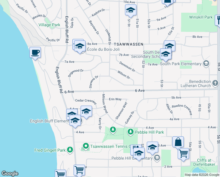 map of restaurants, bars, coffee shops, grocery stores, and more near 5029 6 Avenue in Delta