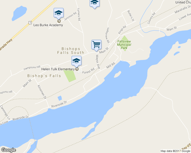 map of restaurants, bars, coffee shops, grocery stores, and more near 3 Sydney Street in Bishop's Falls