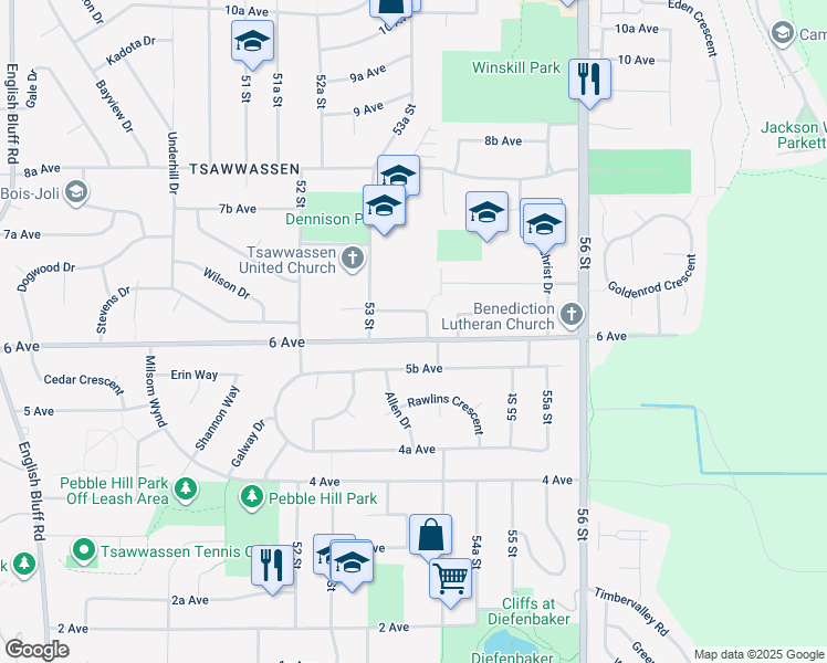 map of restaurants, bars, coffee shops, grocery stores, and more near 5365 6 Avenue in Delta