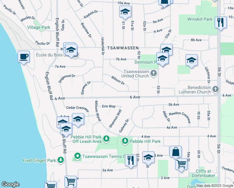 map of restaurants, bars, coffee shops, grocery stores, and more near 5096 Stevens Drive in Delta