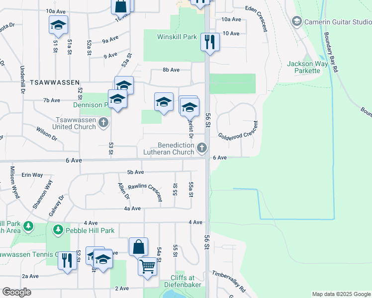 map of restaurants, bars, coffee shops, grocery stores, and more near 5526 6A Avenue in Delta