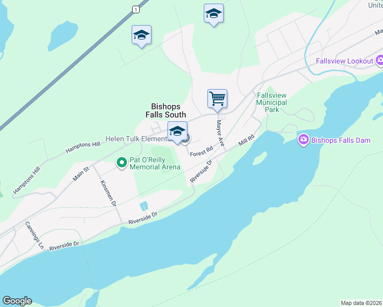 map of restaurants, bars, coffee shops, grocery stores, and more near 3 Sydney Street in Bishop's Falls