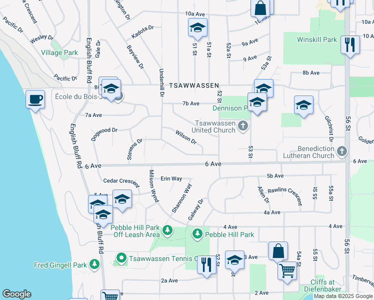 map of restaurants, bars, coffee shops, grocery stores, and more near 5096 Stevens Drive in Delta