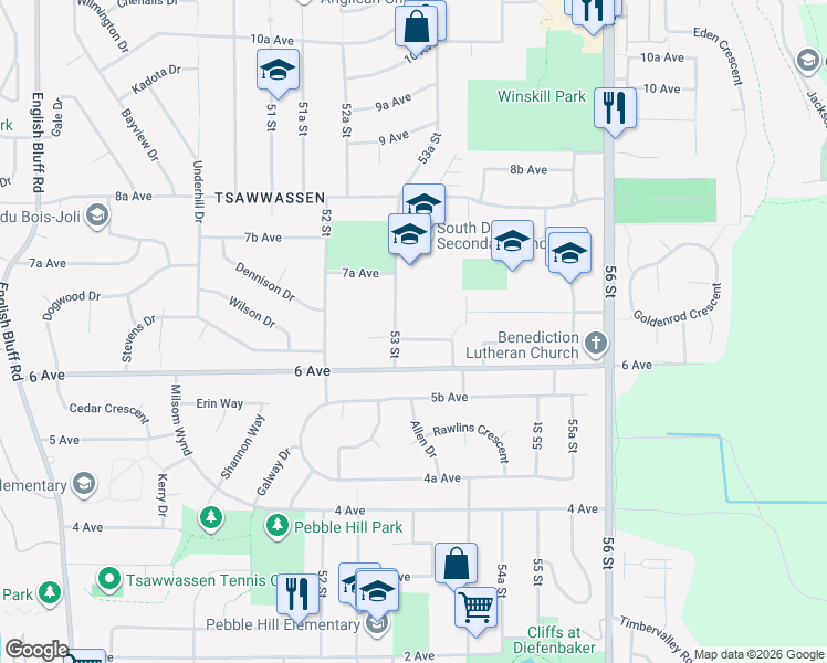 map of restaurants, bars, coffee shops, grocery stores, and more near 5323 Spetifore Crescent in Delta