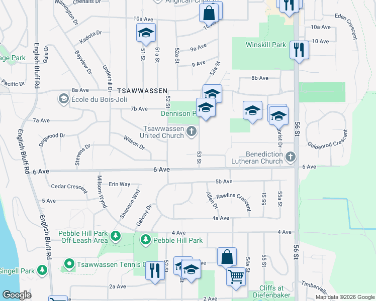 map of restaurants, bars, coffee shops, grocery stores, and more near 5271 Cambridge Court in Delta