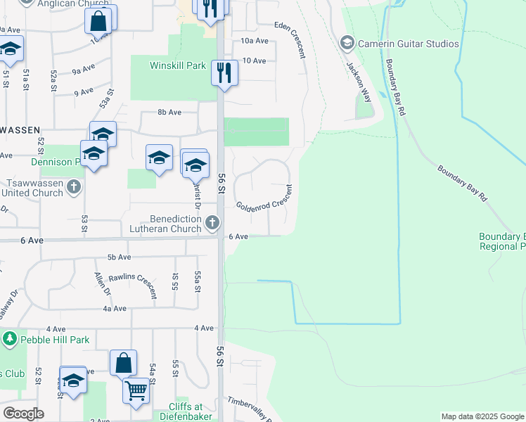 map of restaurants, bars, coffee shops, grocery stores, and more near 643 Goldenrod Boulevard in Delta