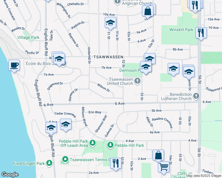map of restaurants, bars, coffee shops, grocery stores, and more near 5129 Wilson Drive in Delta