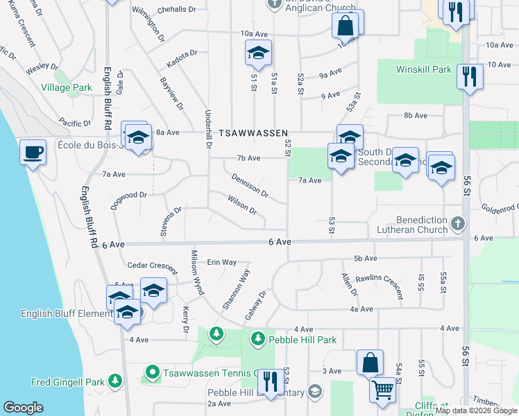 map of restaurants, bars, coffee shops, grocery stores, and more near 5129 Wilson Drive in Delta