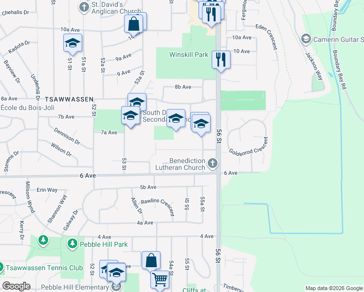 map of restaurants, bars, coffee shops, grocery stores, and more near 5483 7 Avenue in Delta