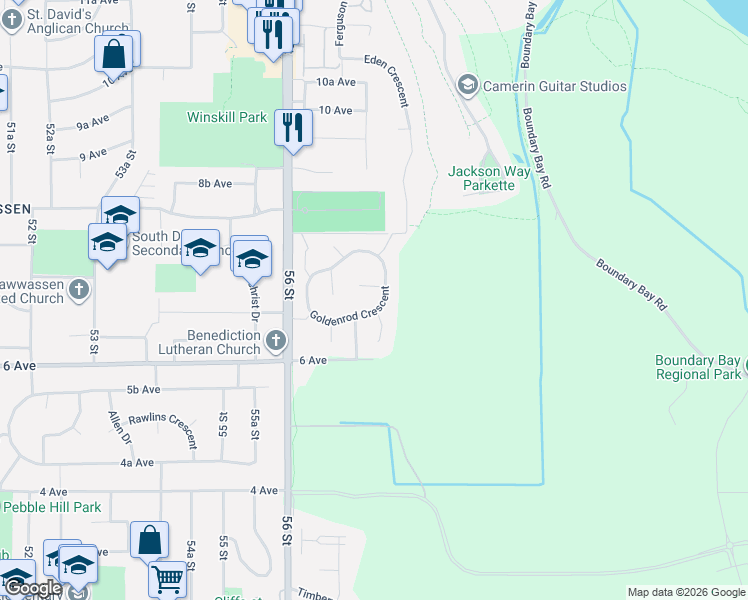 map of restaurants, bars, coffee shops, grocery stores, and more near 5775 Goldenrod Crescent in Delta