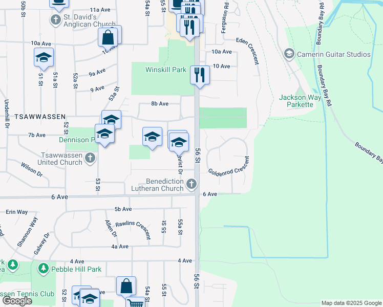 map of restaurants, bars, coffee shops, grocery stores, and more near 745 56 Street in Delta