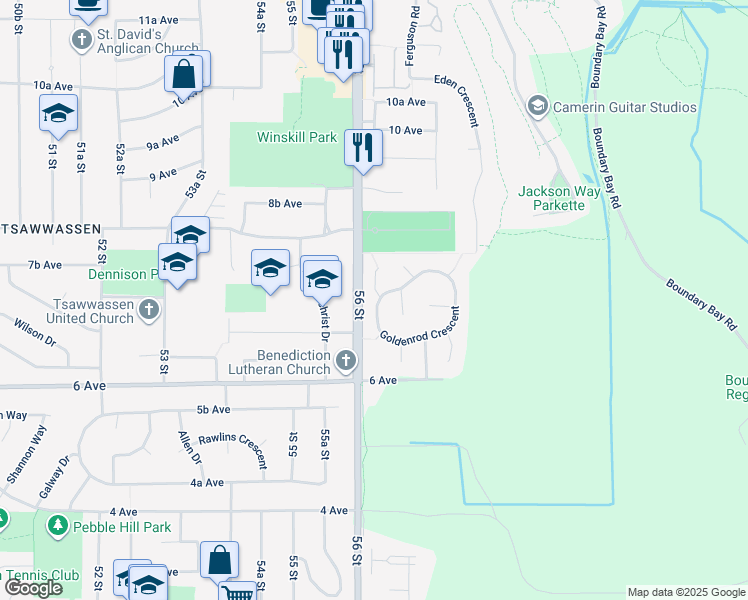 map of restaurants, bars, coffee shops, grocery stores, and more near 733 Kingfisher Place in Delta