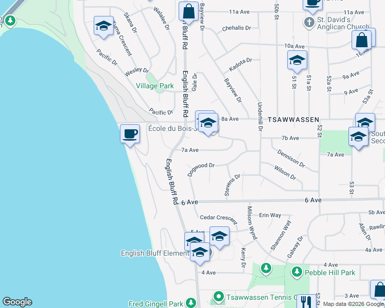 map of restaurants, bars, coffee shops, grocery stores, and more near 4820 7A Avenue in Delta
