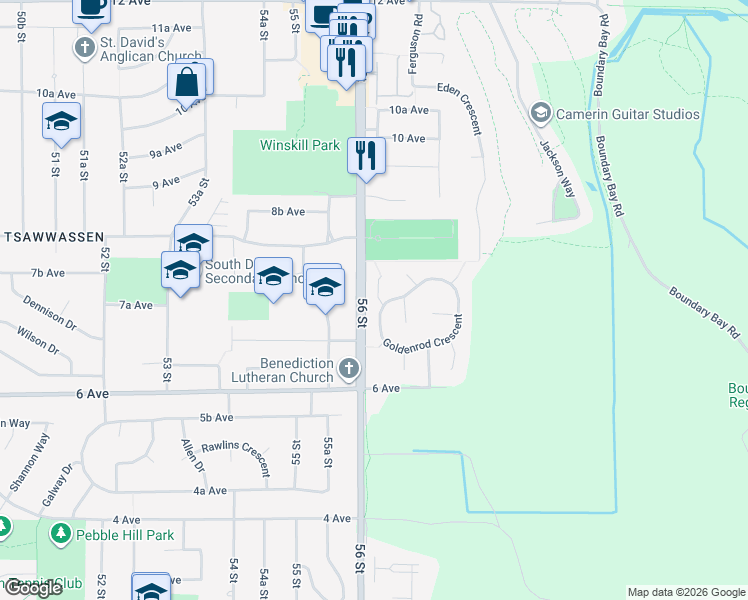 map of restaurants, bars, coffee shops, grocery stores, and more near 733 Kingfisher Place in Delta