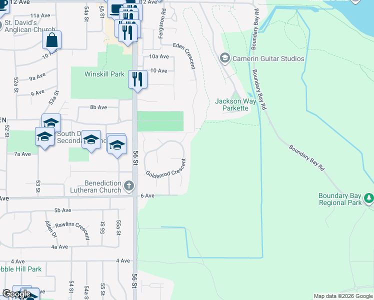 map of restaurants, bars, coffee shops, grocery stores, and more near 5756 Goldenrod Crescent in Delta