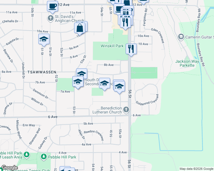 map of restaurants, bars, coffee shops, grocery stores, and more near 5476 7B Avenue in Delta