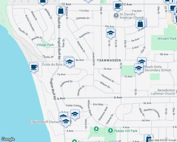 map of restaurants, bars, coffee shops, grocery stores, and more near 4975 Weaver Drive in Delta