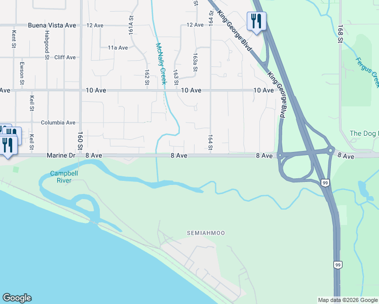 map of restaurants, bars, coffee shops, grocery stores, and more near 16329 8 Avenue in Surrey