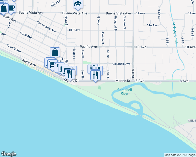 map of restaurants, bars, coffee shops, grocery stores, and more near in White Rock
