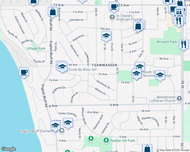 map of restaurants, bars, coffee shops, grocery stores, and more near 5068 7B Avenue in Delta