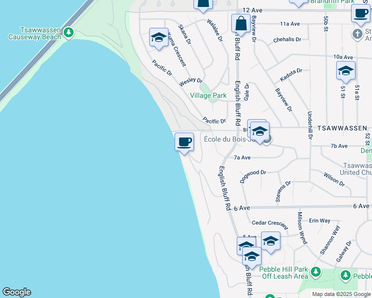 map of restaurants, bars, coffee shops, grocery stores, and more near 768 Tsawwassen Beach Road in Delta
