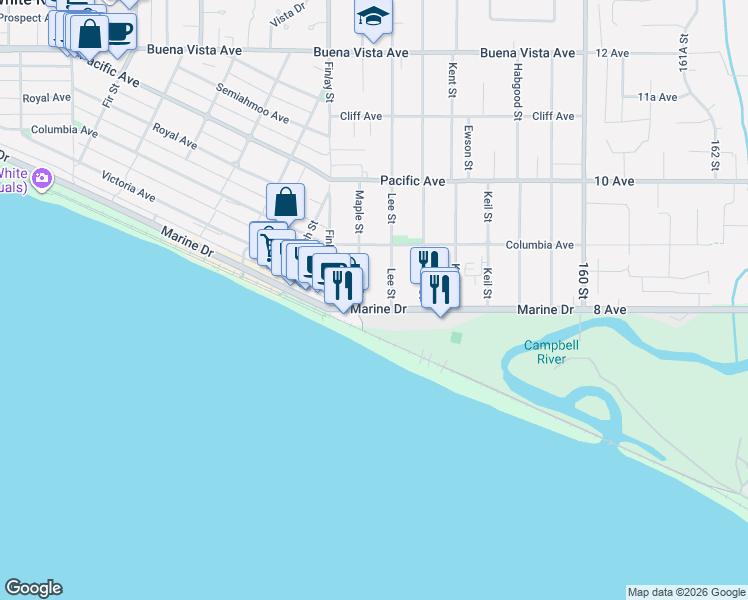 map of restaurants, bars, coffee shops, grocery stores, and more near 15671 Marine Drive in White Rock