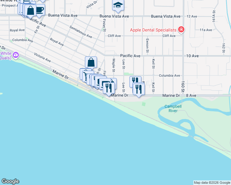 map of restaurants, bars, coffee shops, grocery stores, and more near 812 Maple Street in White Rock