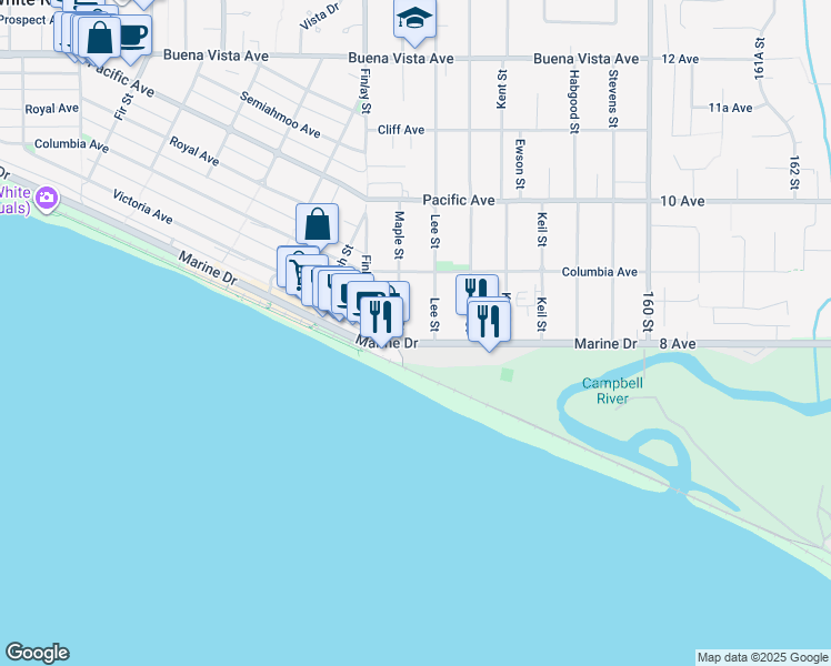 map of restaurants, bars, coffee shops, grocery stores, and more near 15671 Marine Drive in White Rock