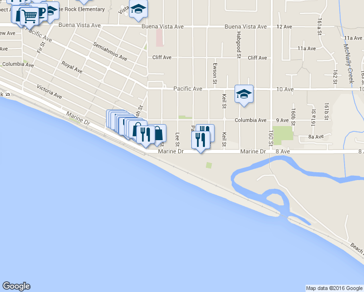 map of restaurants, bars, coffee shops, grocery stores, and more near 15717 Marine Drive in White Rock