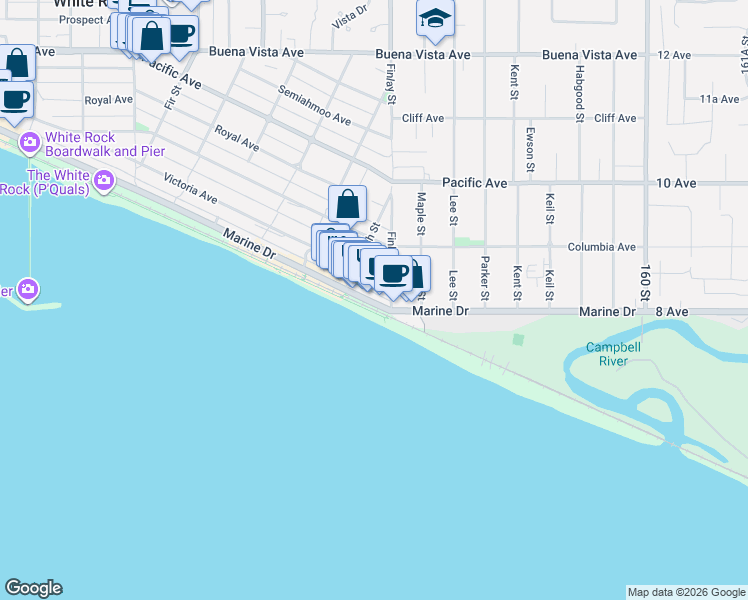 map of restaurants, bars, coffee shops, grocery stores, and more near 15575 Marine Drive in White Rock