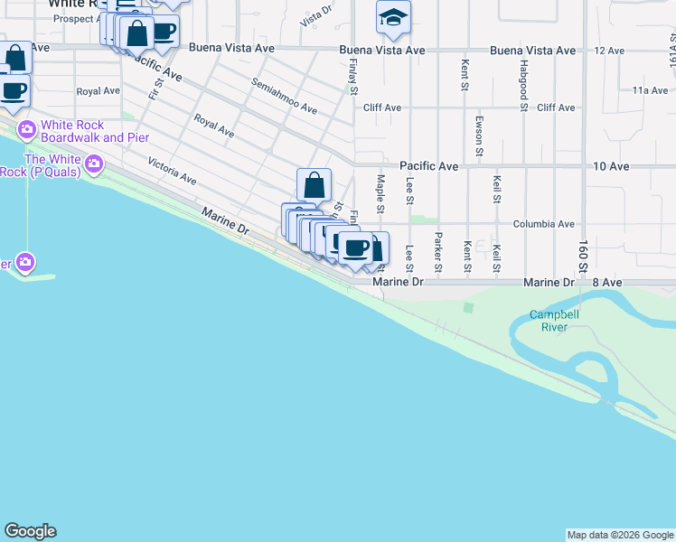 map of restaurants, bars, coffee shops, grocery stores, and more near 15573 Marine Drive in White Rock