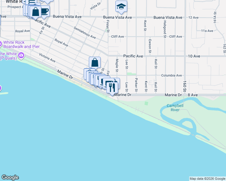 map of restaurants, bars, coffee shops, grocery stores, and more near 15621 Marine Drive in White Rock