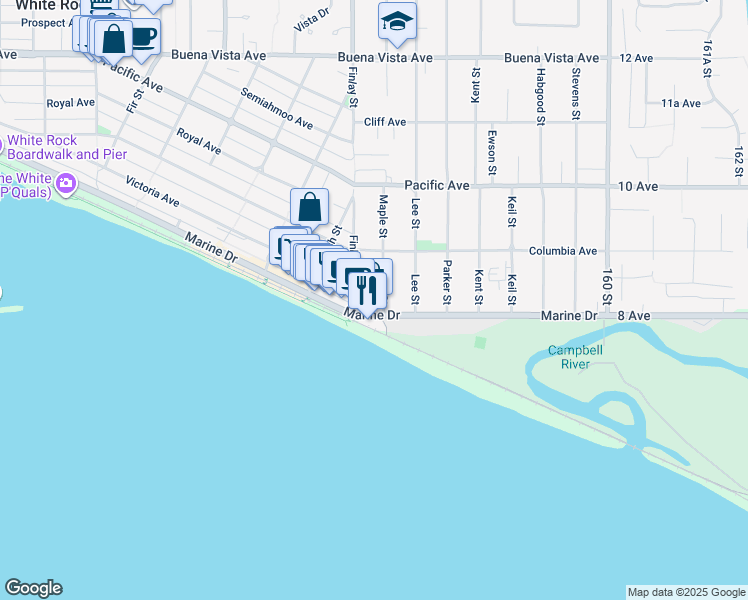map of restaurants, bars, coffee shops, grocery stores, and more near in White Rock