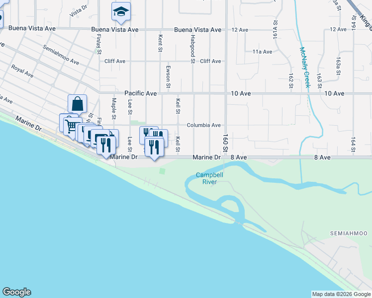 map of restaurants, bars, coffee shops, grocery stores, and more near 15875 Marine Drive in White Rock