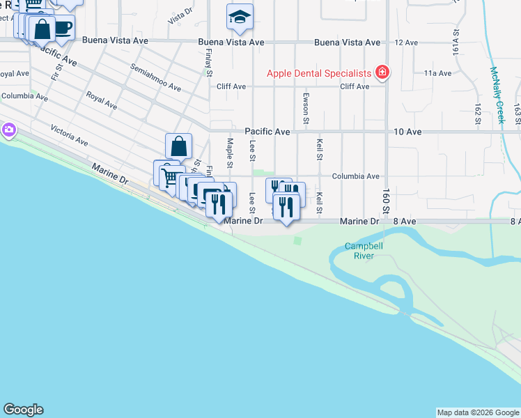 map of restaurants, bars, coffee shops, grocery stores, and more near 15717 Marine Drive in White Rock