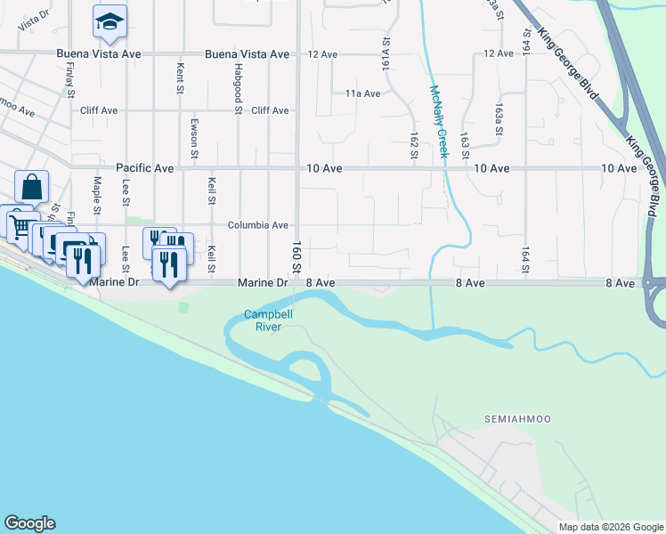 map of restaurants, bars, coffee shops, grocery stores, and more near 16063 8 Avenue in Surrey