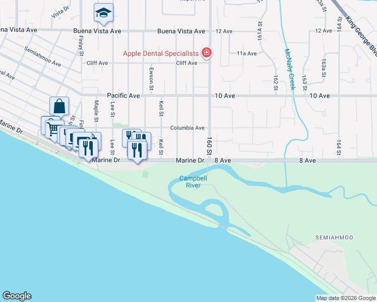 map of restaurants, bars, coffee shops, grocery stores, and more near 829 Stevens Street in White Rock