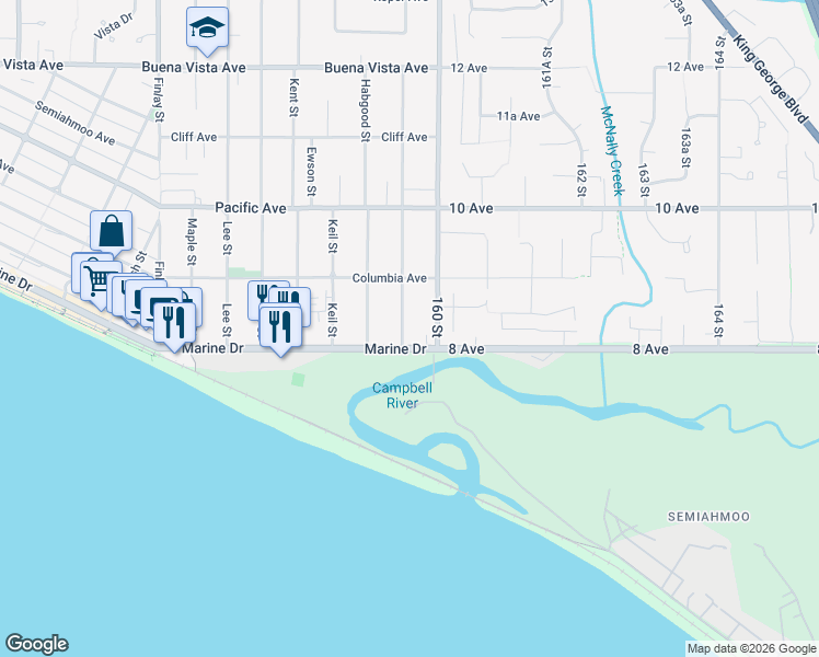 map of restaurants, bars, coffee shops, grocery stores, and more near 828 Stevens Street in White Rock