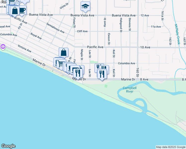 map of restaurants, bars, coffee shops, grocery stores, and more near 15717 Marine Drive in White Rock