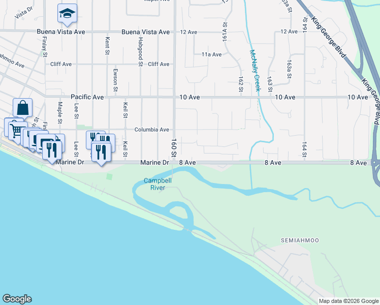 map of restaurants, bars, coffee shops, grocery stores, and more near in Surrey