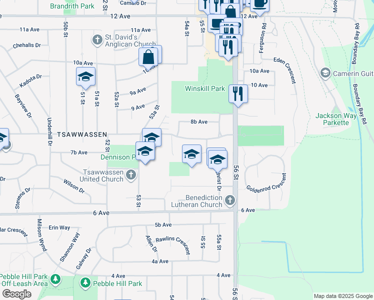 map of restaurants, bars, coffee shops, grocery stores, and more near 5451 7B Avenue in Delta