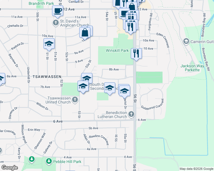 map of restaurants, bars, coffee shops, grocery stores, and more near 5451 7B Avenue in Delta