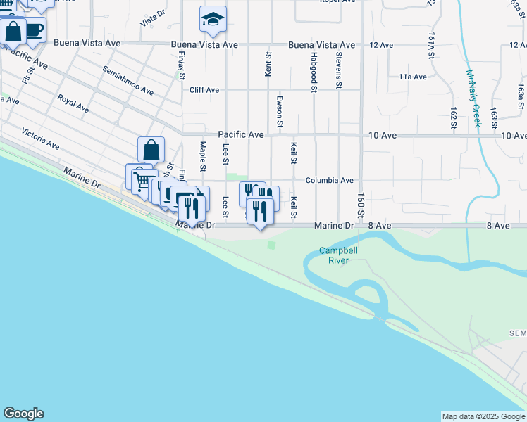 map of restaurants, bars, coffee shops, grocery stores, and more near 835 Kent Street in White Rock