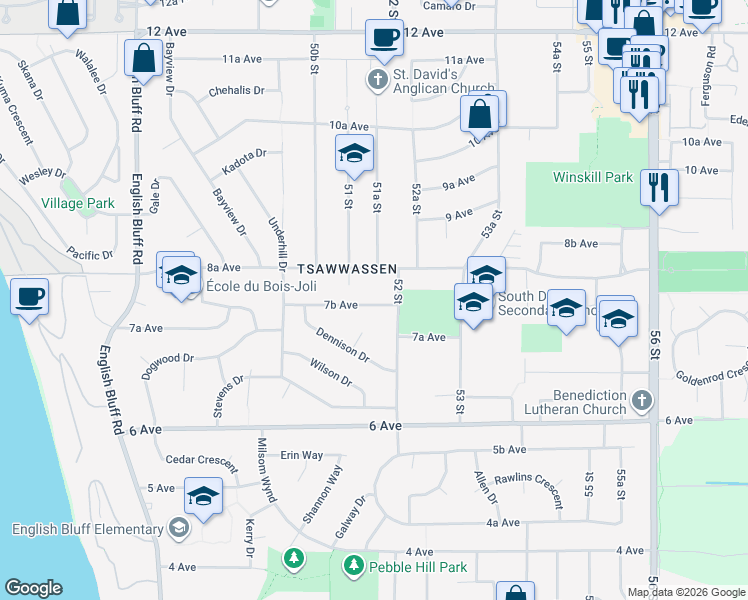 map of restaurants, bars, coffee shops, grocery stores, and more near 5165 7B Avenue in Delta