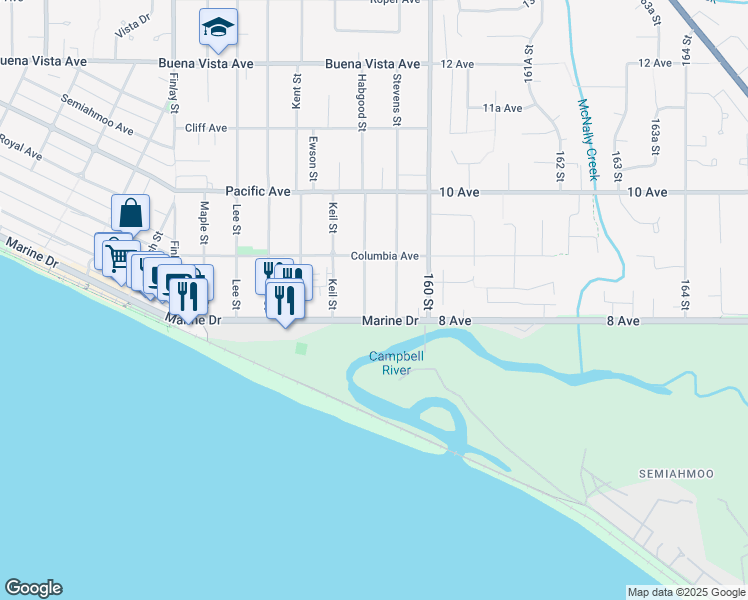 map of restaurants, bars, coffee shops, grocery stores, and more near 832 Habgood Street in White Rock