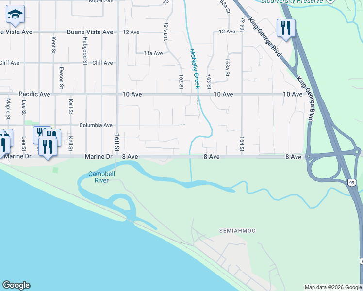 map of restaurants, bars, coffee shops, grocery stores, and more near 16203 8 Avenue in Surrey
