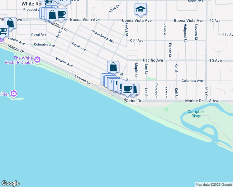 map of restaurants, bars, coffee shops, grocery stores, and more near in White Rock