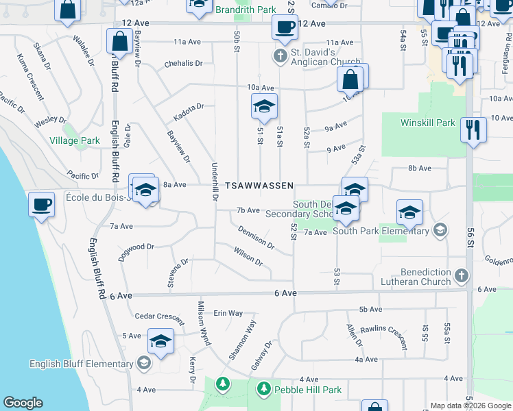 map of restaurants, bars, coffee shops, grocery stores, and more near 5115 7B Avenue in Delta